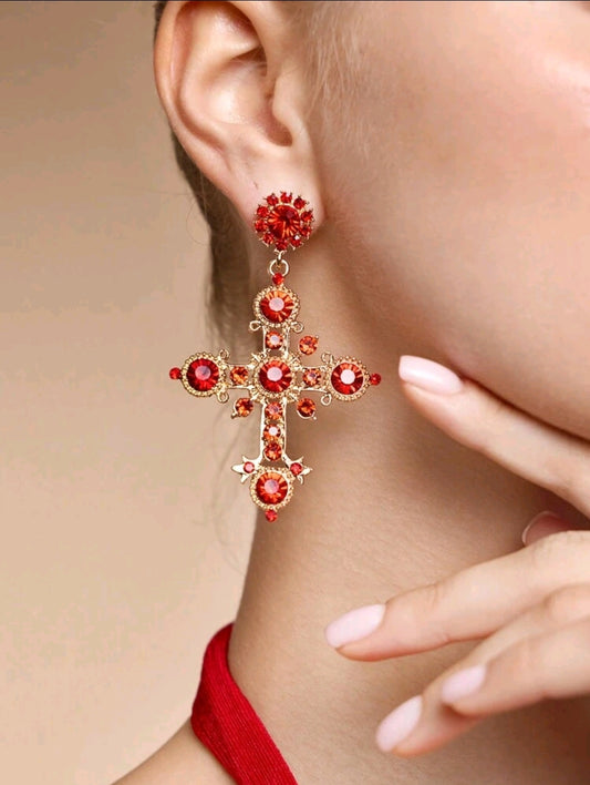 Red & Gold Cross Earrings